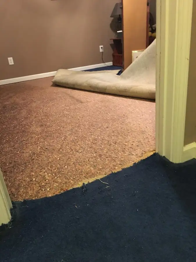 Carpet pad removal revealing water damage during Water Mitigation Services in Boulder Hill